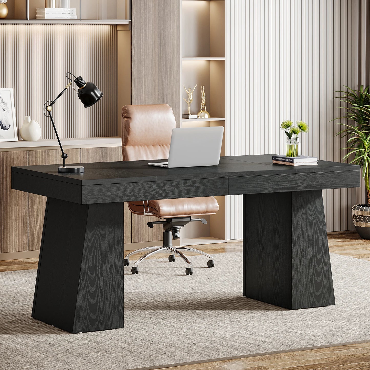 Executive Desk, Large Wood Office Computer Desk with Double Pedestal, Modern Minimalist Workstations