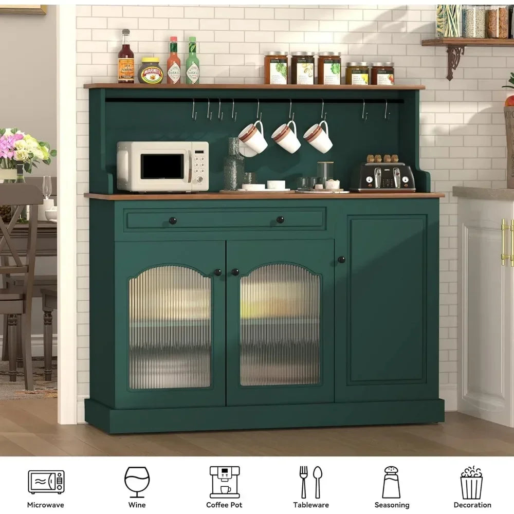 Coffee Bar Cabinet with Glass Doors, Wood Kitchen Pantry Cabinet with Glass Doors, Green Microwave Cabinet Kitchen Cabinets