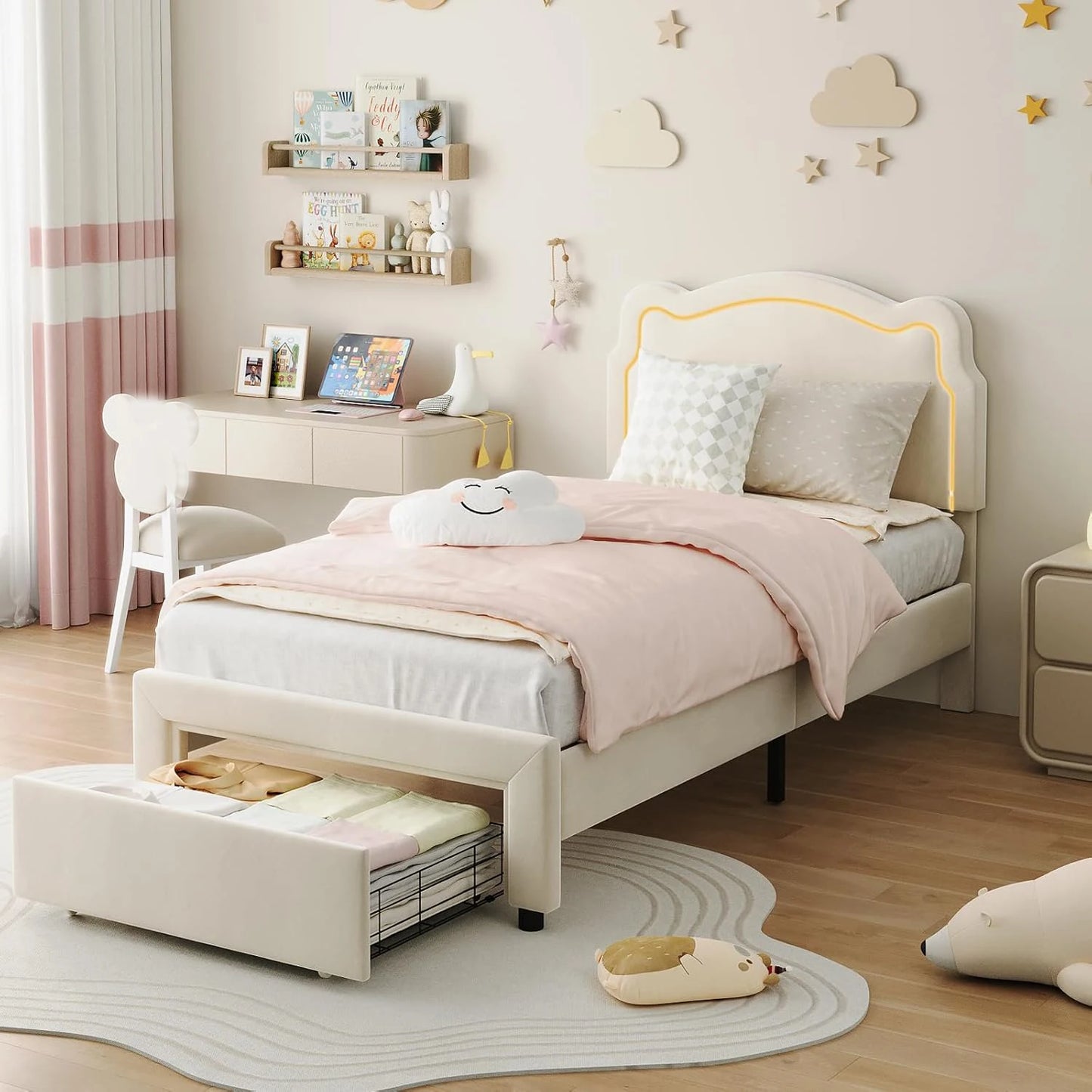 Twin Bed Frame with Upholstered Adjustable Headboard & Smart LED Velvet Princess Platform Bed for Girls/Kids Wood Slats Support