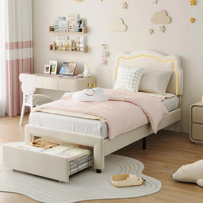 Twin Bed Frame with Upholstered Adjustable Headboard & Smart LED Velvet Princess Platform Bed for Girls/Kids Wood Slats Support