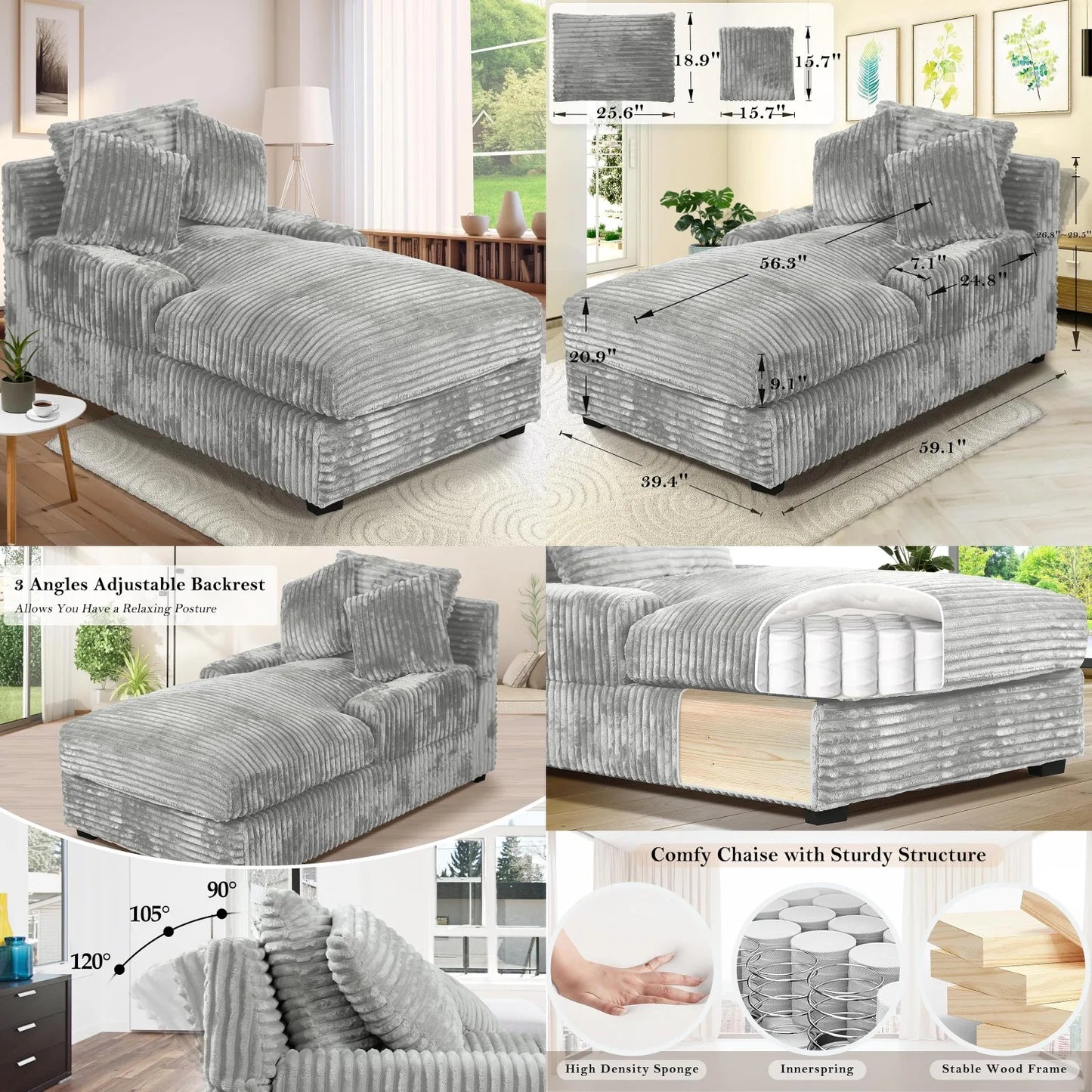 Adjustable Backrest Chaise Lounge Sofa Bed w/ Lumbar Pillows Upholstered Sleeper for Living Room Bedroom Office