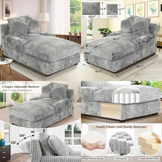 Adjustable Backrest Chaise Lounge Sofa Bed w/ Lumbar Pillows Upholstered Sleeper for Living Room Bedroom Office