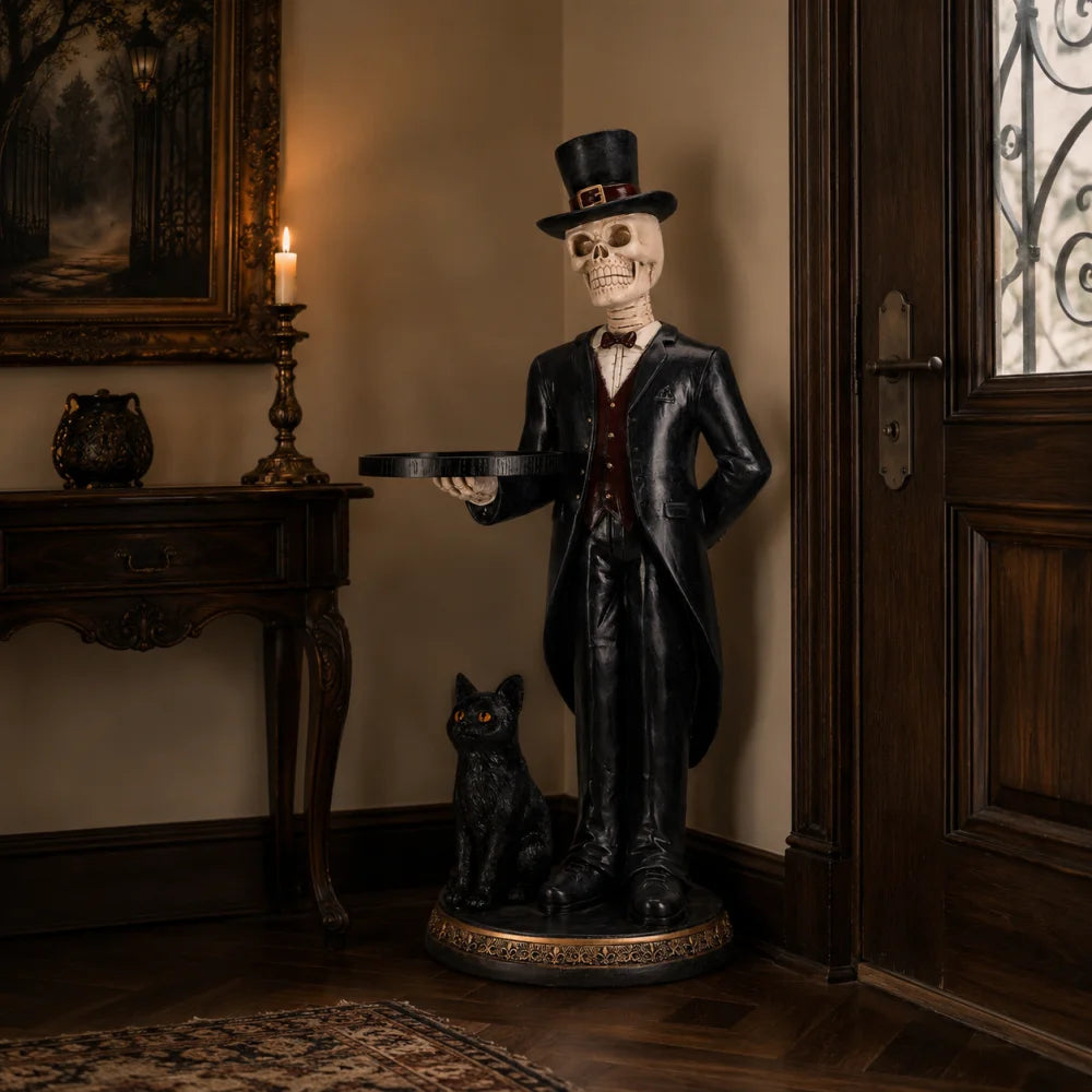 Halloween Skeleton Butler Floor Statue with Serving Tray and Black Cat for Home Entryway