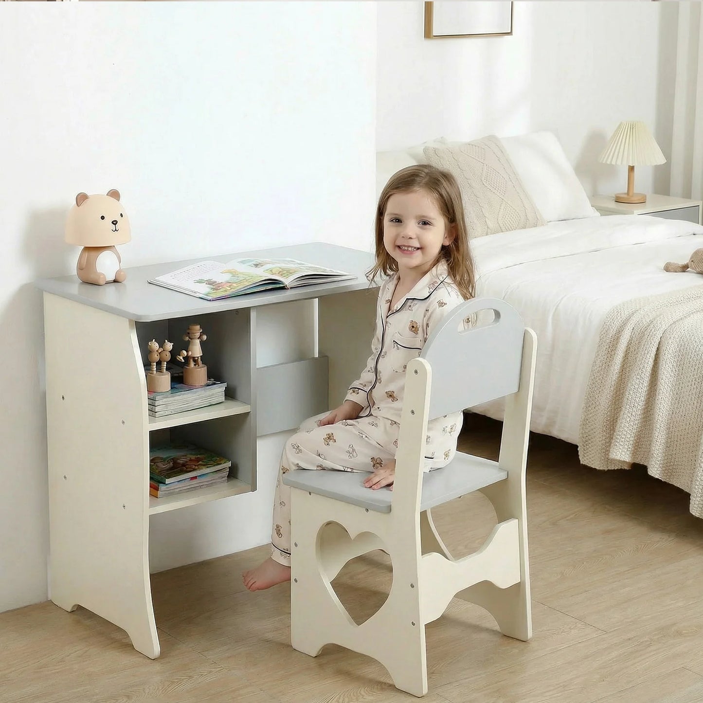 Kids Desk and Chair Set Multifunctional White and Grey Toddler Student Writing Table Set for Home School