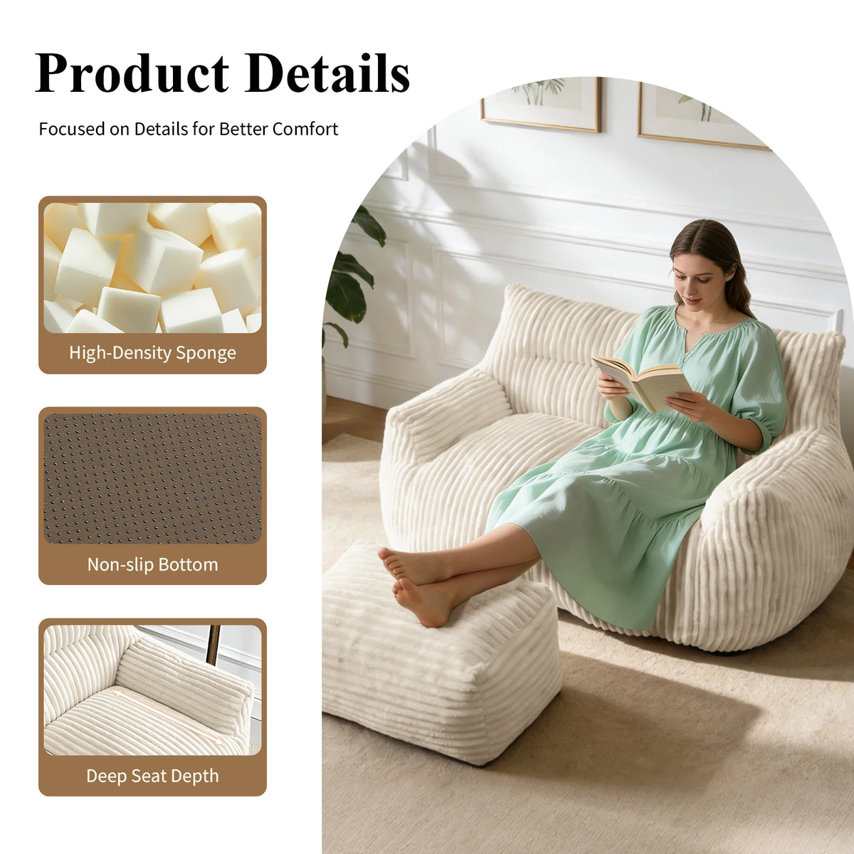 Giant Bean Bag Chair for Adults with Armrests