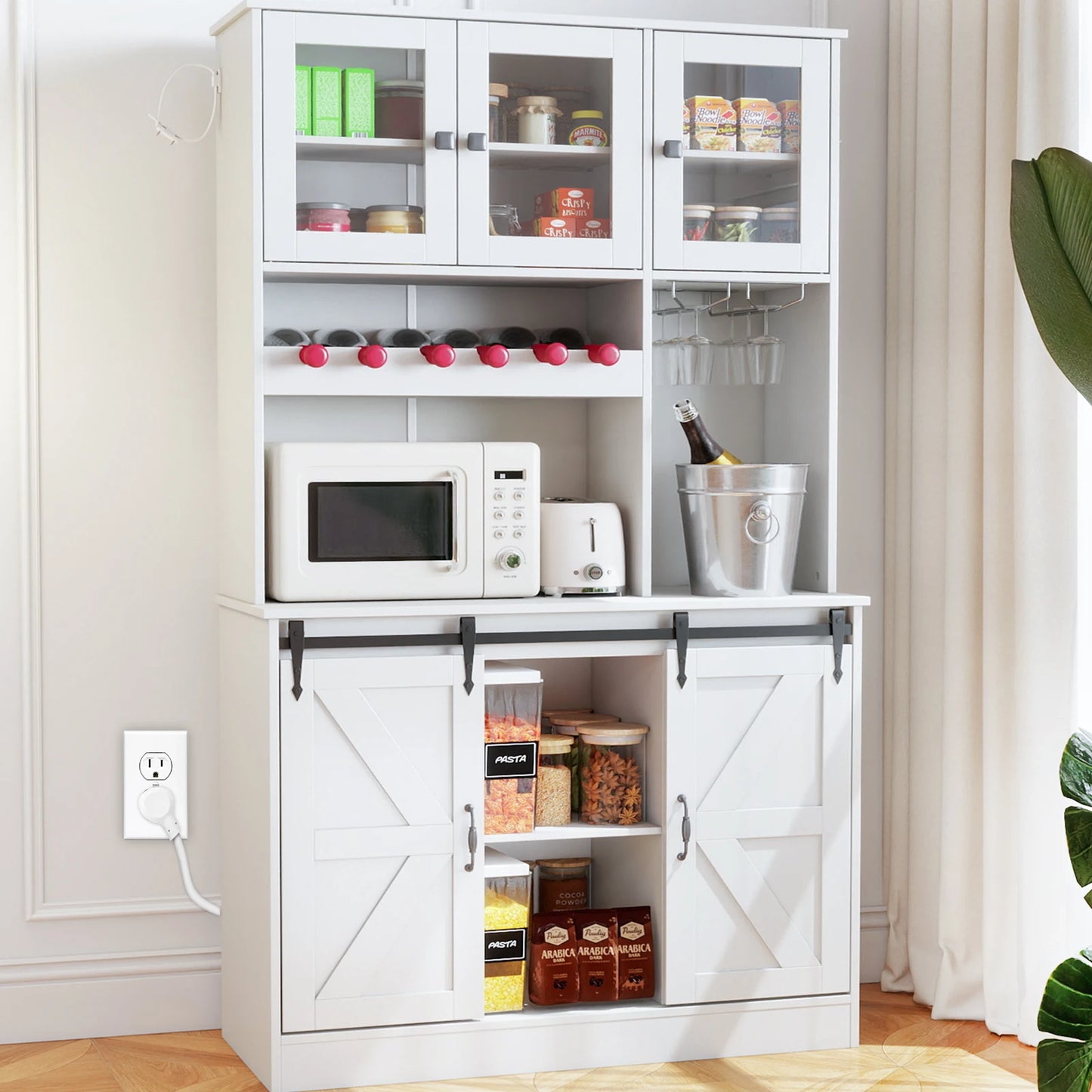 Kitchen Pantry Storage Cabinet | Tall Freestanding Hutch with Microwave Stand, Power Outlet, Buffet Cupboard & Glass Doors,