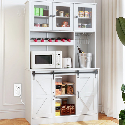 Kitchen Pantry Storage Cabinet | Tall Freestanding Hutch with Microwave Stand, Power Outlet, Buffet Cupboard & Glass Doors,