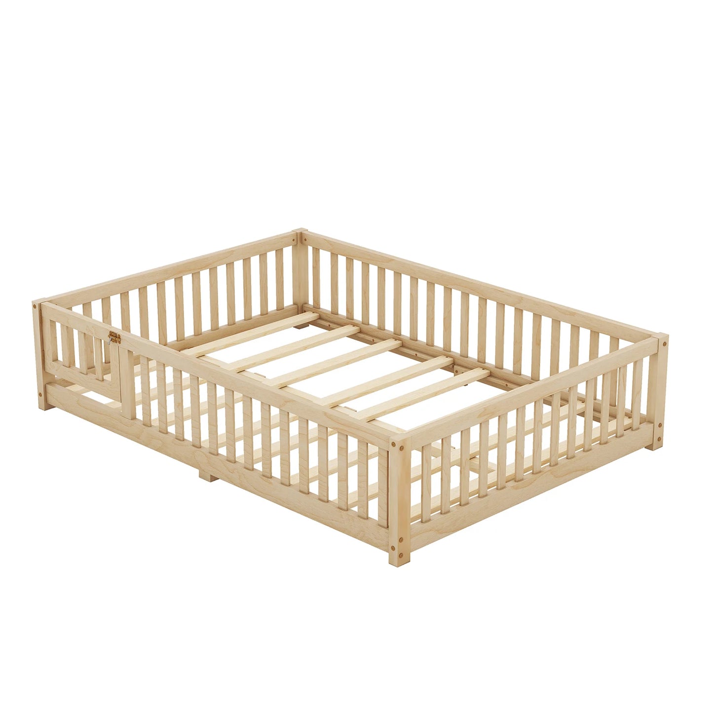 Toddler Floor Bed Frame with Safety Guardrails Doors Wood Slat Support Bed Detachable Platform Bed for Kids Bedroom Nursery