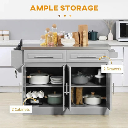 Rolling Kitchen Island Cart with Wheels, Portable Island Table for Kitchen with Stainless Steel Top, Adjustable Shelves