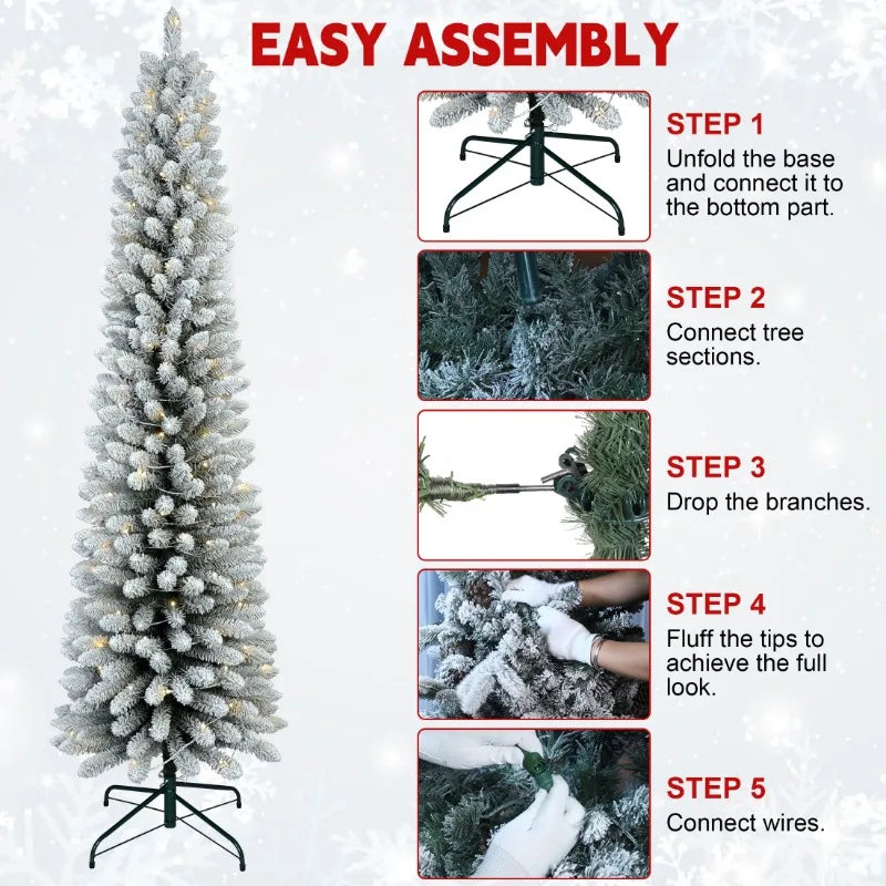 6Ft Pre-Lit Flocked Portland Pine Pencil Artificial Christmas Tree