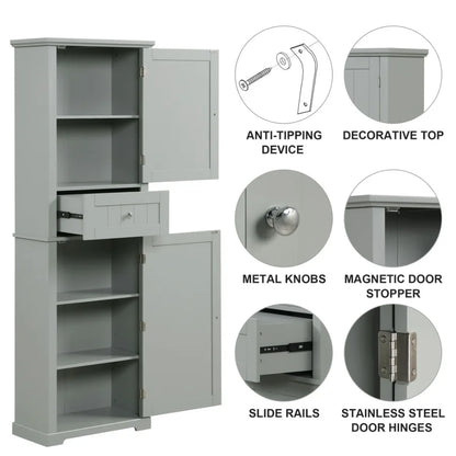 Tall Bathroom Storage Cabinet Freestanding Storage Cabinet with Drawer and Adjustable Shelf MDF Board with Painted Finish Grey