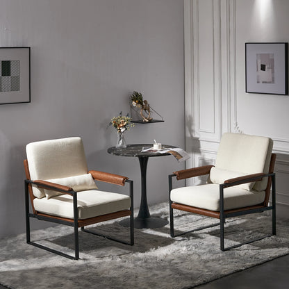 Single Iron Frame Chair Soft Cover Beige Brown Honeycomb Leather Armrest Frame Indoor Leisure Chair