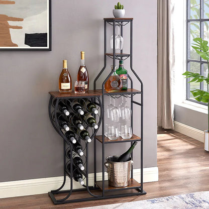 11 Bottle Wine Bakers Rack,5 Tier Freestanding Wine Rack with Hanging Wine Glass Holder and Storage Shelves,Wine Storage Home