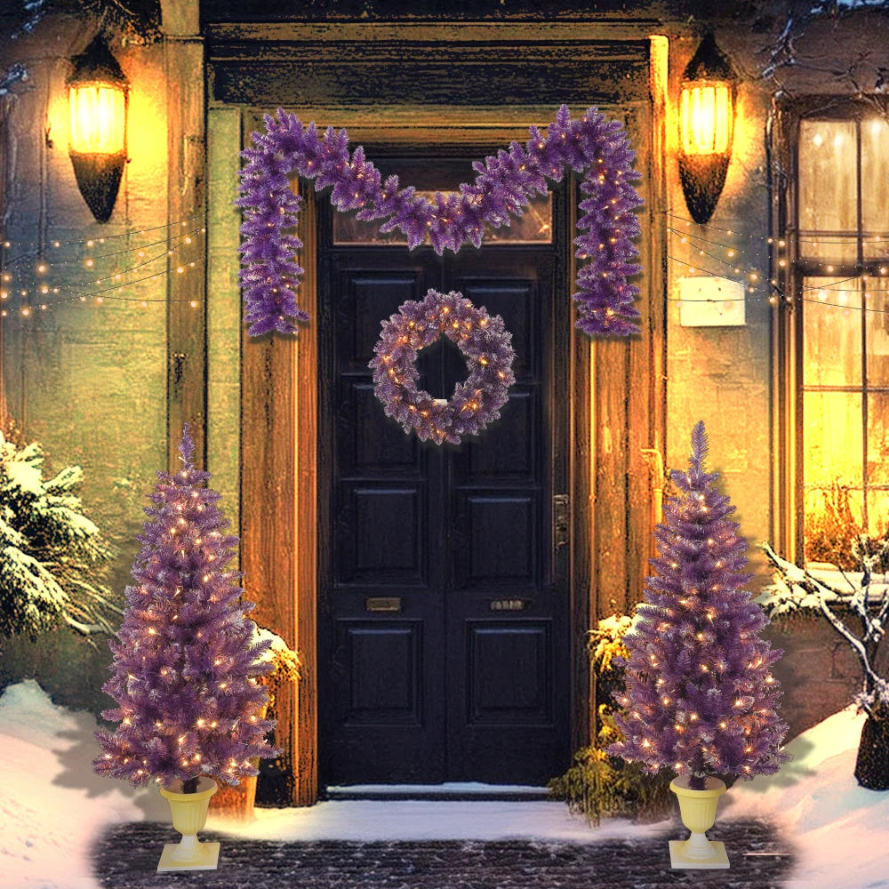 Pre-lit Christmas 4-Piece Set: Garland, Wreath, 2 Entrance Trees with LED Lights, Purple PVC. Ideal Festival Celebration Set.