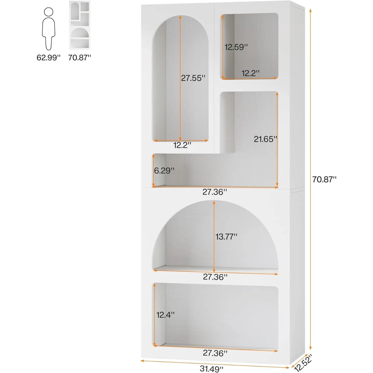 Tall Geometric Bookshelf, White Arched Bookcase with 5 Irregular Storage Shelves,Free-Standing for Living Room, Bedroom