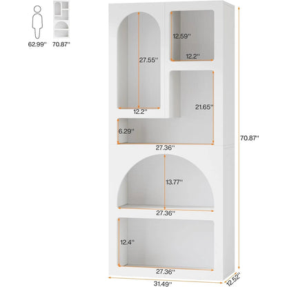 Tall Geometric Bookshelf, White Arched Bookcase with 5 Irregular Storage Shelves,Free-Standing for Living Room, Bedroom