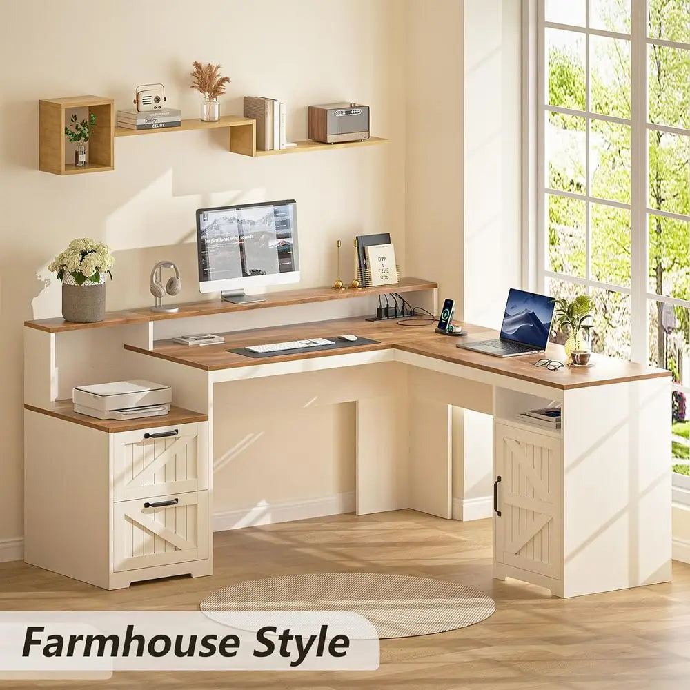 L Shaped Executive Desk with Ders & Storage Shel, Computer Desk with Power Outlets, L Shaped Oice Desk with Monitor