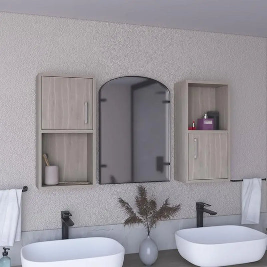 Wall-Mounted Bathroom Medicine Cabinet with Double Doors and Shelves in White Oak Finish