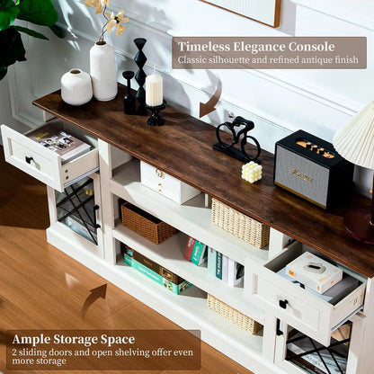 Farmhouse TV Stand Table for 75 80 inch TVs, Modern Entertainment Center with LED Lights and Glass Doors, Customized