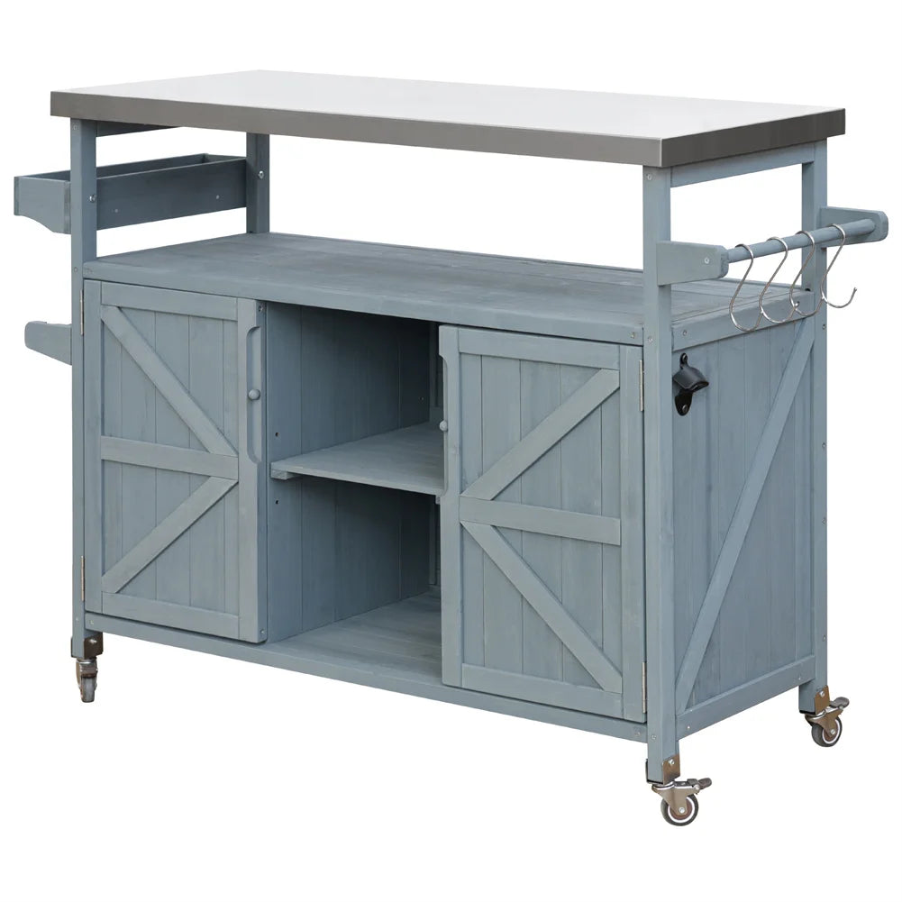 Portable Bar Tables Outdoor Grill Prep Table with Storage Tabletop Spice Rack Internal Storage Racks 4 Locking Mobile Wheels