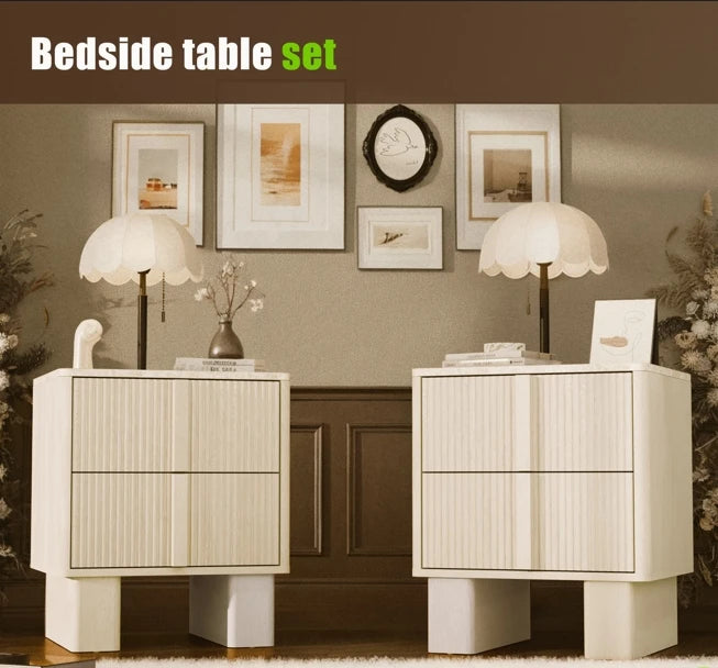 Fluted Nightstands w/ Charging, 2-Drawer End Tables w/ Reinforced Legs, Whitewashed Oak for Bedroom