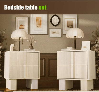 Fluted Nightstands w/ Charging, 2-Drawer End Tables w/ Reinforced Legs, Whitewashed Oak for Bedroom
