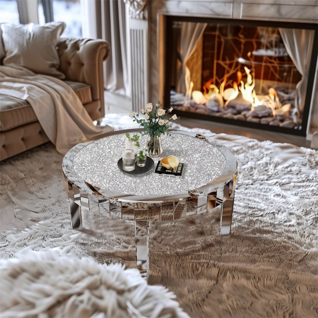 Silver Round Mirrored Coffee Table Elegant Accent Side Table with Glass Tabletop for Living Room Bedroom