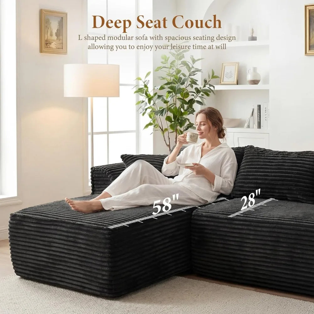Boneless Couch with Chaise, Deep Seat Comfy Cloud Modular Sofa Corduroy Memory Foam Sectional Couches