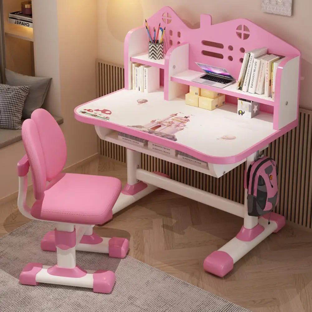 Multi Bookstand Widened Desktop Desk Chair Set Cartoon Pattern Kids Adjustable Height Study Drawer Table with Chair Set