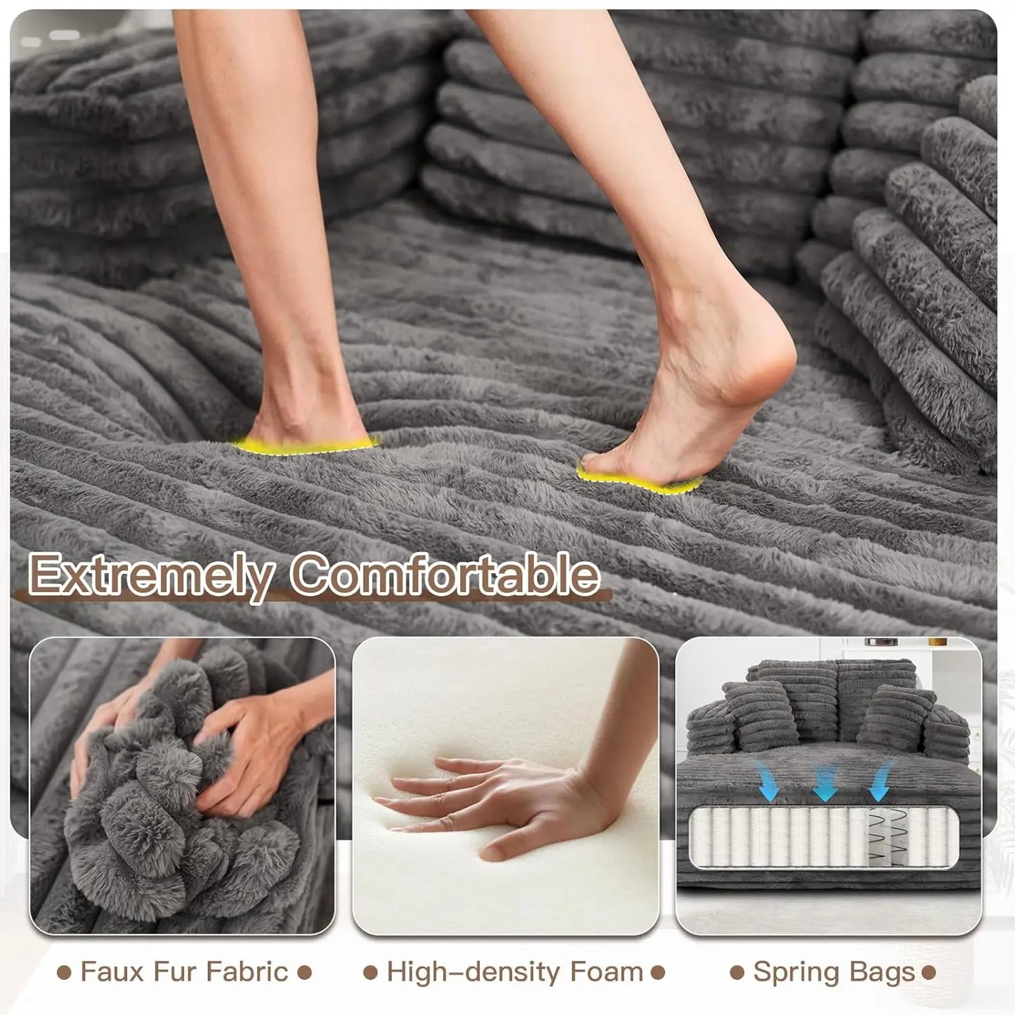 Plush Faux Fur Chaise Lounge Chair Couch Bed with Pillows And Wide Armrest Oversize Indoor Sleeper Sofa Fluffy