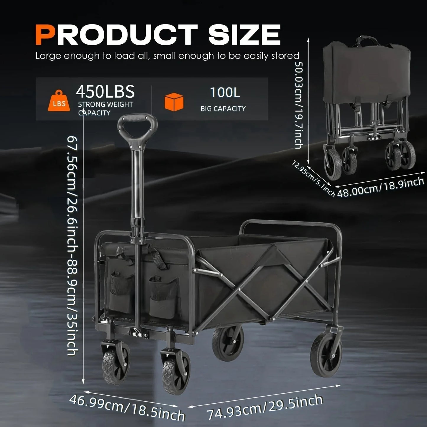 Folding Trolley, Heavy Duty Utility Portable Foldable Outdoor Beach Field Trolley with 360° All Terrain Wheels, Side Bag