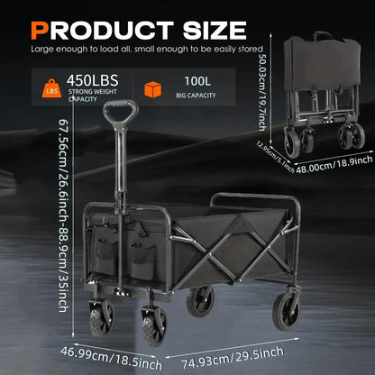 Folding Trolley, Heavy Duty Utility Portable Foldable Outdoor Beach Field Trolley with 360° All Terrain Wheels, Side Bag