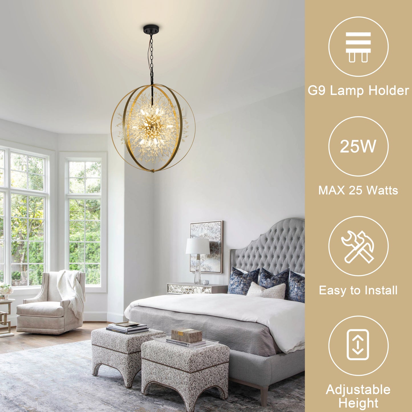 Crystal Chandelier 12-Light Dimmable Sputnik Light Fixtures Dandelion Chandelier Globe Chandelier for Dining Room Bedroom