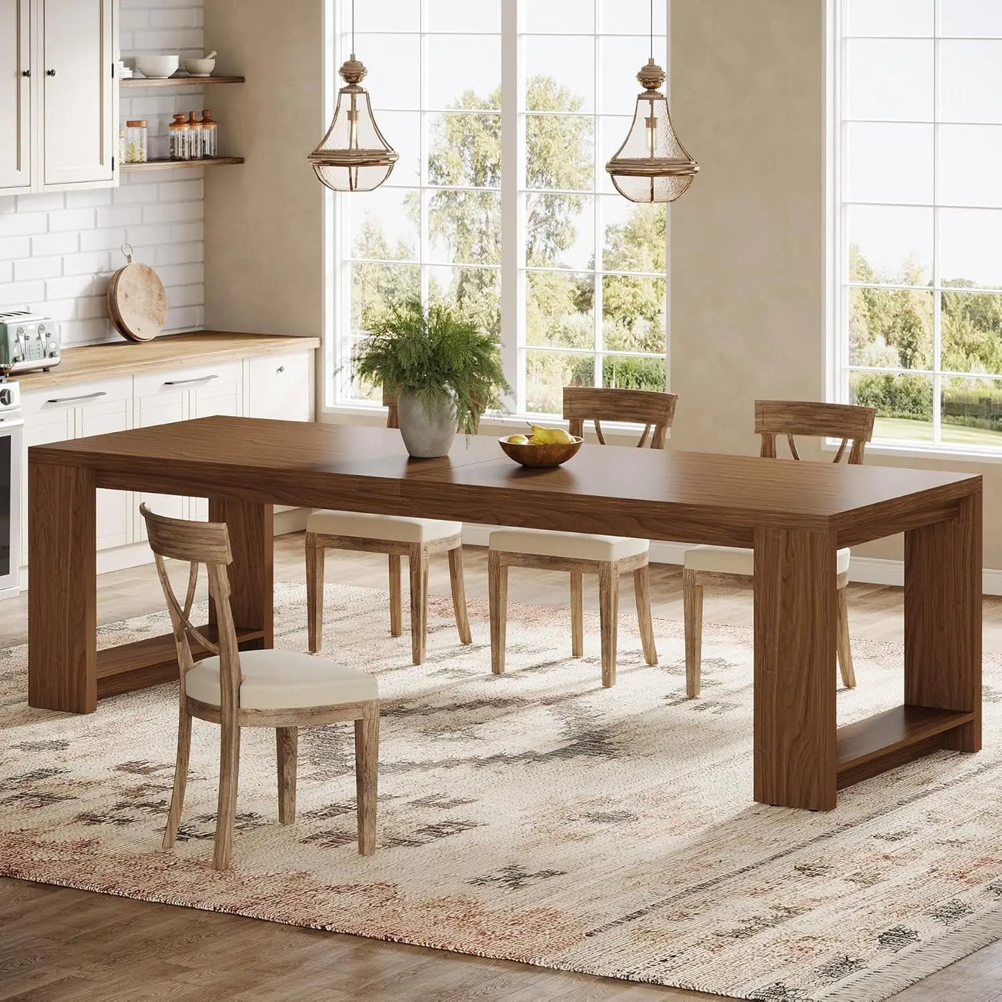 86.61-Inch Dining Table for 6 People, Modern Narrow Long Kitchen Table with Pedestal Base, Farmhouse Extra Long, Customized