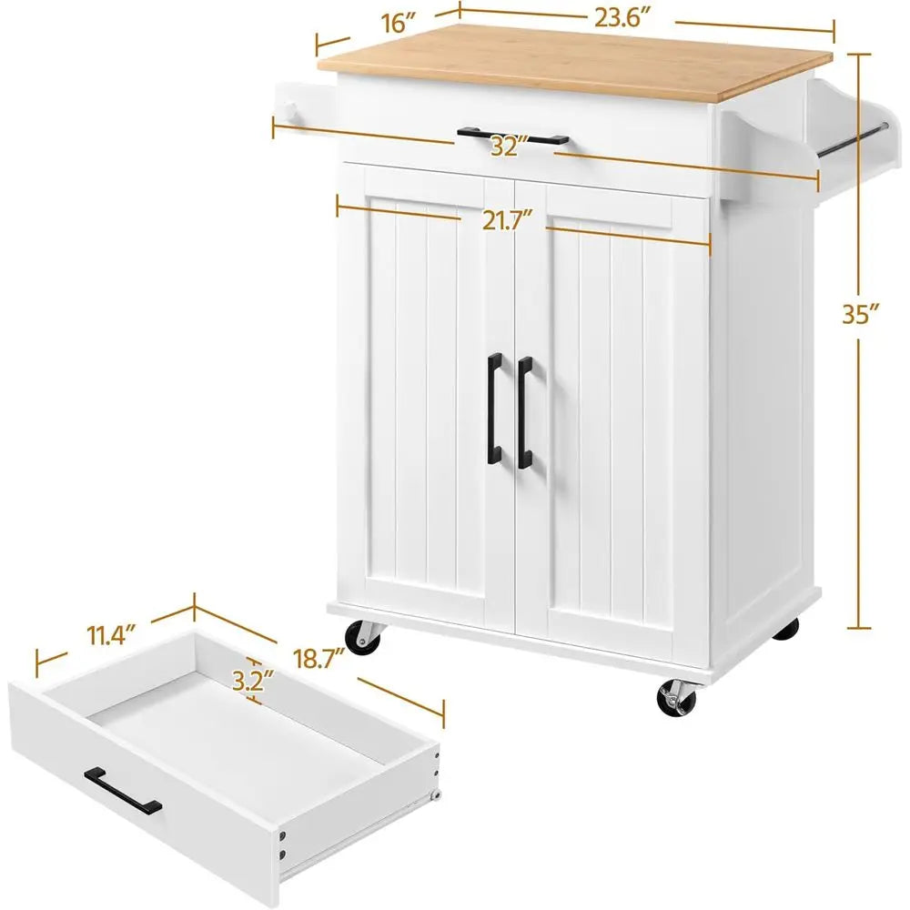Kitchen Cart with Bamboo Tabletop, Rolling Kitchen Island
