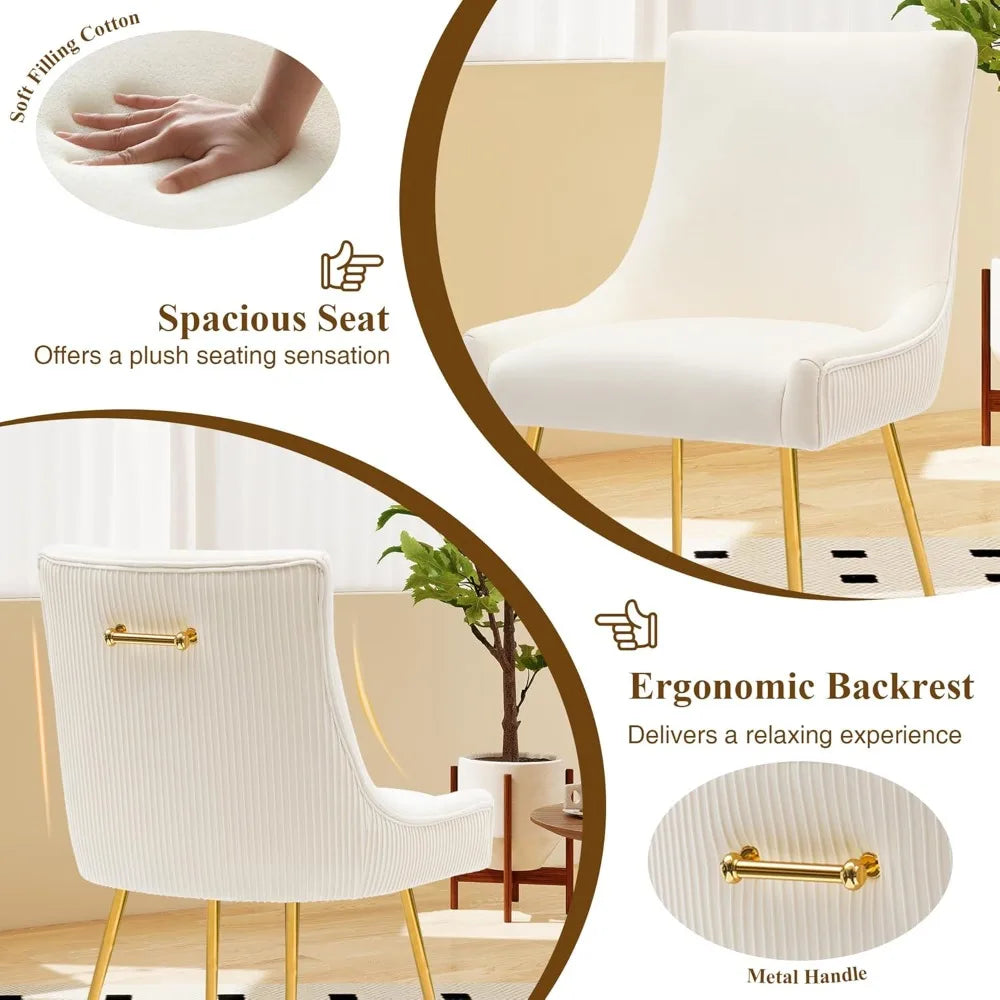Velvet Dining Chairs Set of 4, Modern Upholstered Kitchen Chair with Pull Handle & Pleated Back, Mid Century Accent