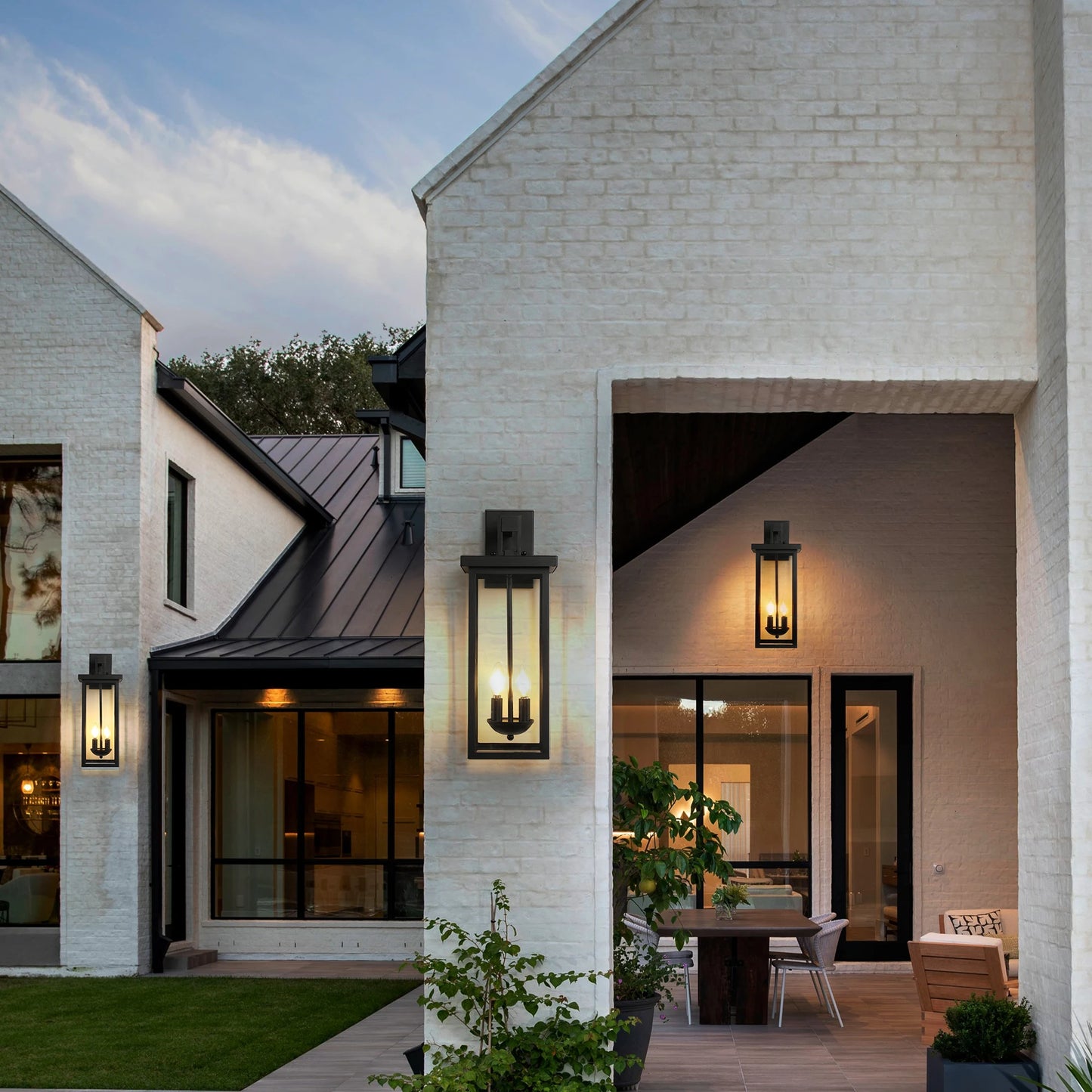 Outdoor Wall Lantern with Dusk to Dawn Sensor Matte Black Finish Clear Glass Panels Weatherproof Exterior Light
