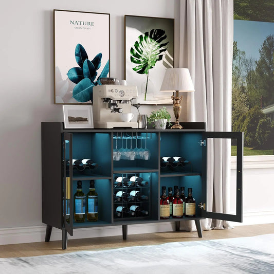 Wine Bar Cabinet With Led Lights & Glass Holder, Freestanding Sideboard With Wine Rack For Dining Room Kitchen Storage