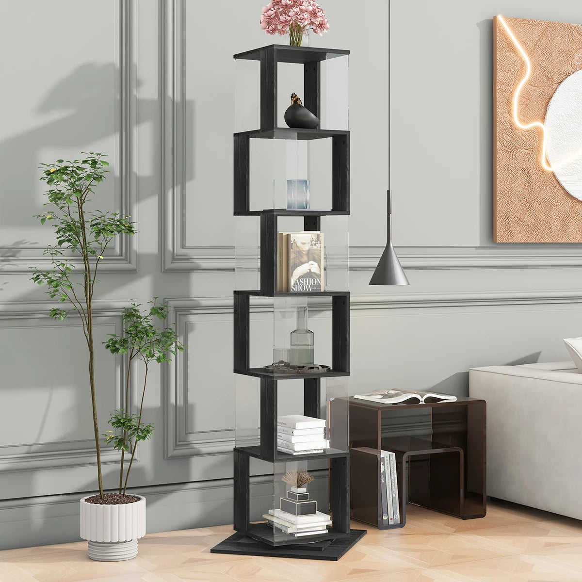 Bookshelf Tower, Floor Standing Wood Narrow Organizer