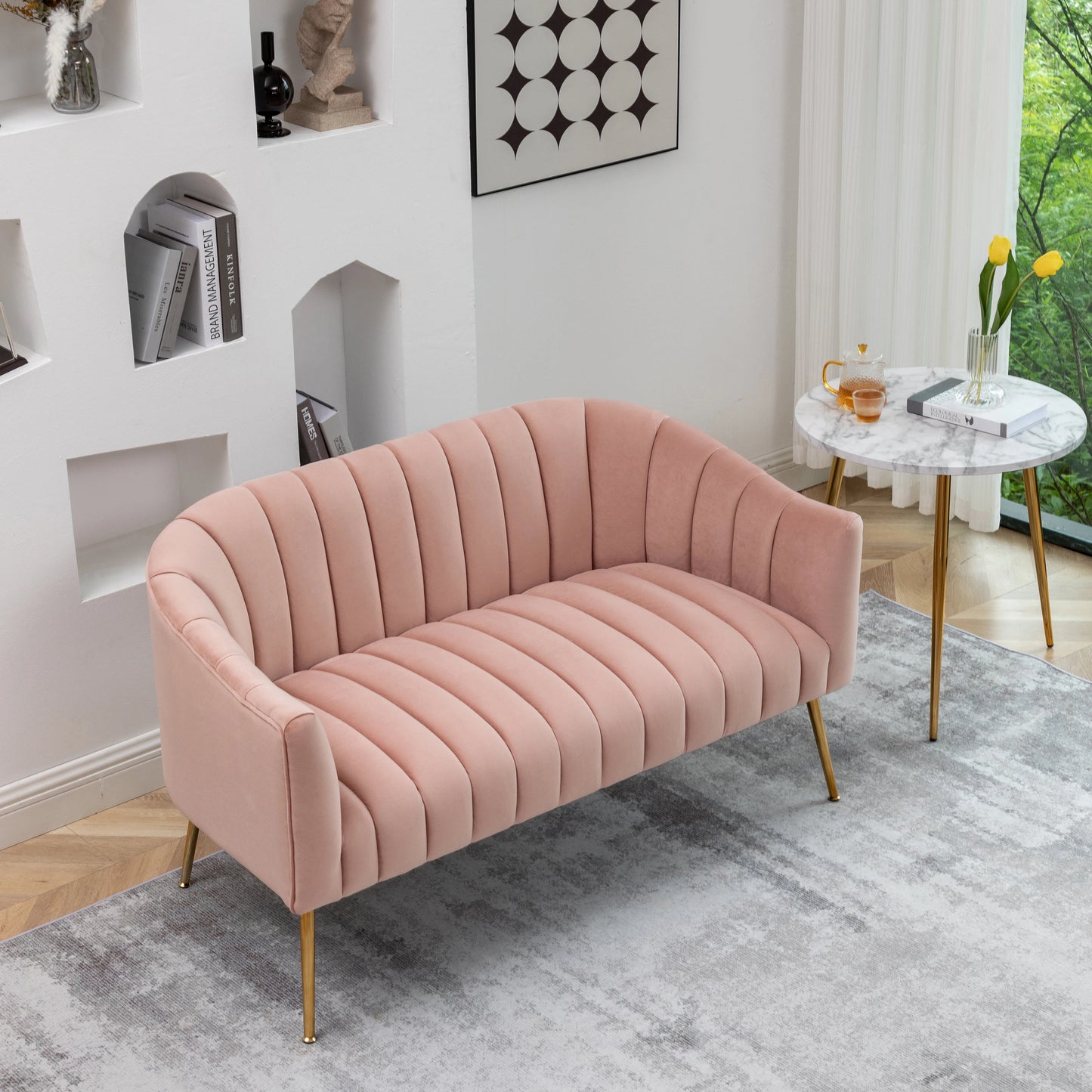 Modern Glam Comfy 50" Metal Legs Curved Sofa 2 Seaters Loveseat with Tufted Back, Mid Century Hall Velvet Sofa for Living Room