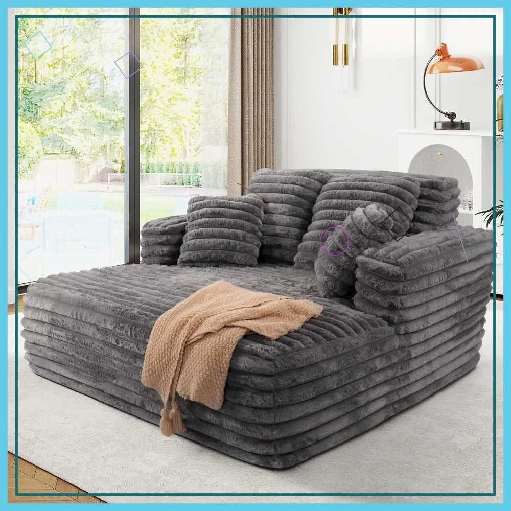 Oversized Chaise Lounge Chair Indoor Plush Faux Fur Sleeper Sofa Couch Bed with Pillows Wide Armrests Fluffy Cloud Couch