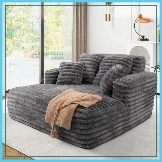 Oversized Chaise Lounge Chair Indoor Plush Faux Fur Sleeper Sofa Couch Bed with Pillows Wide Armrests Fluffy Cloud Couch