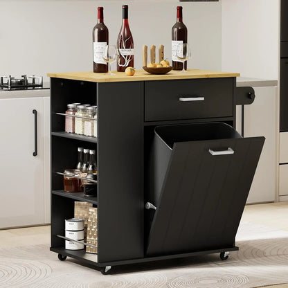 Rolling Kitchen Island with Trash Can Storage, Portable Kitchen Island on Wheels with Towel Rack & Spice Rack, Tilt Out Trash