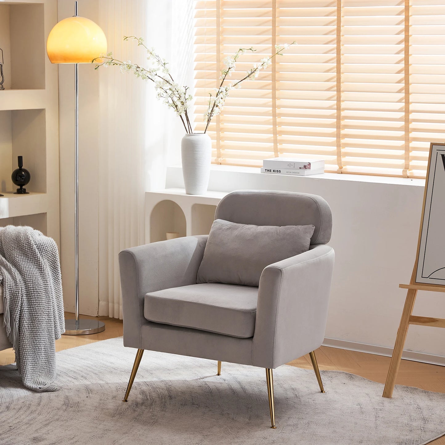 Half Disassembled Single Chair With Gold Feet And Pedals Flannelette Indoor Leisure Chair Light Gray