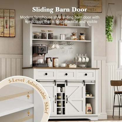 Farmhouse Coffee Bar Cabinet with Sliding Barn Door, 63 Inch Kitchen Hutch with 3 Drawers & Wine Racks for Living Dining Room