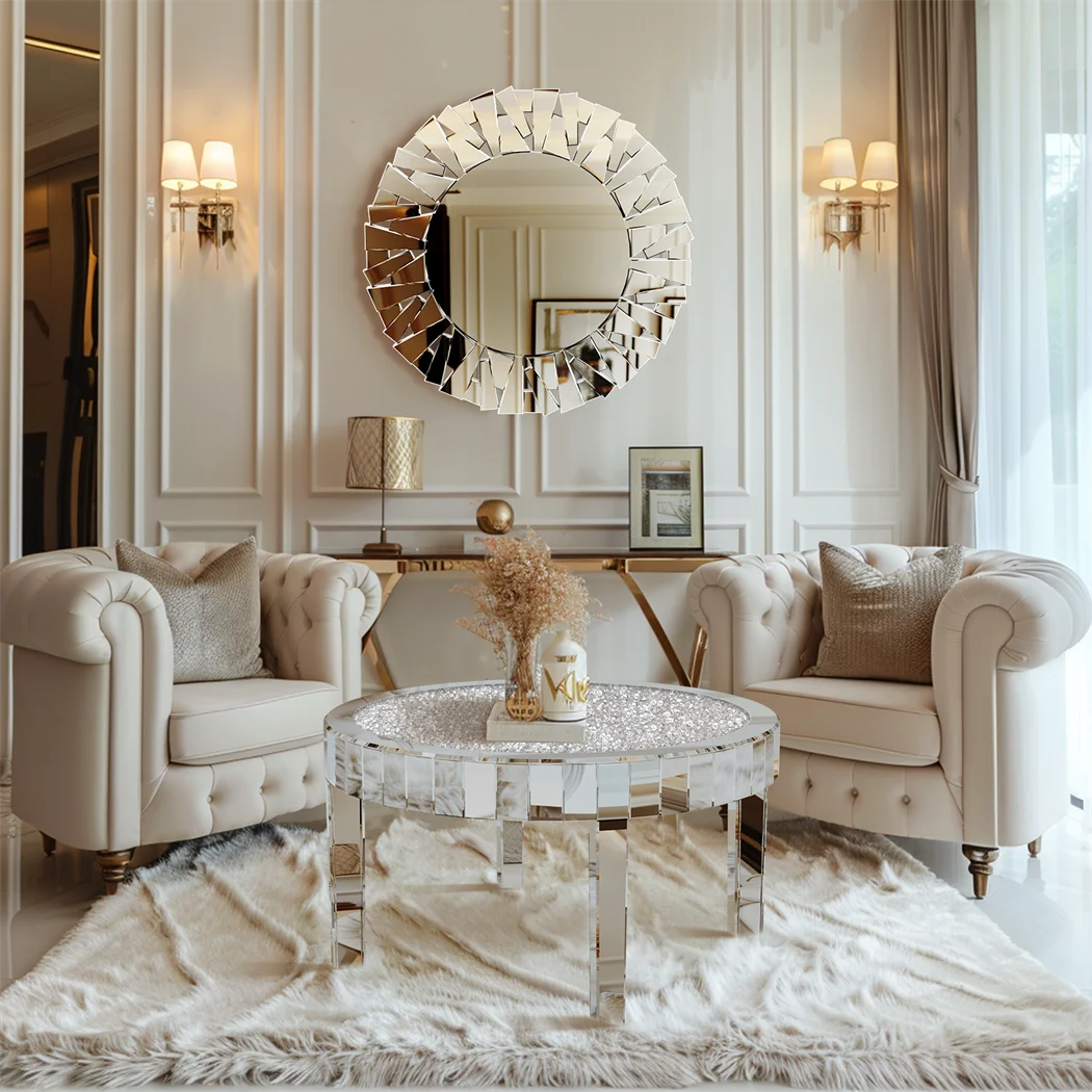 Silver Round Mirrored Coffee Table Elegant Accent Side Table with Glass Tabletop for Living Room Bedroom