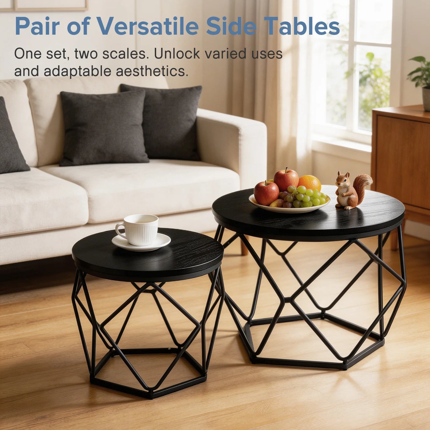 Round Geometric Coffee Table Set of 2 Movable End Tables for Living Room Nesting Side Tables with Hidden Storage