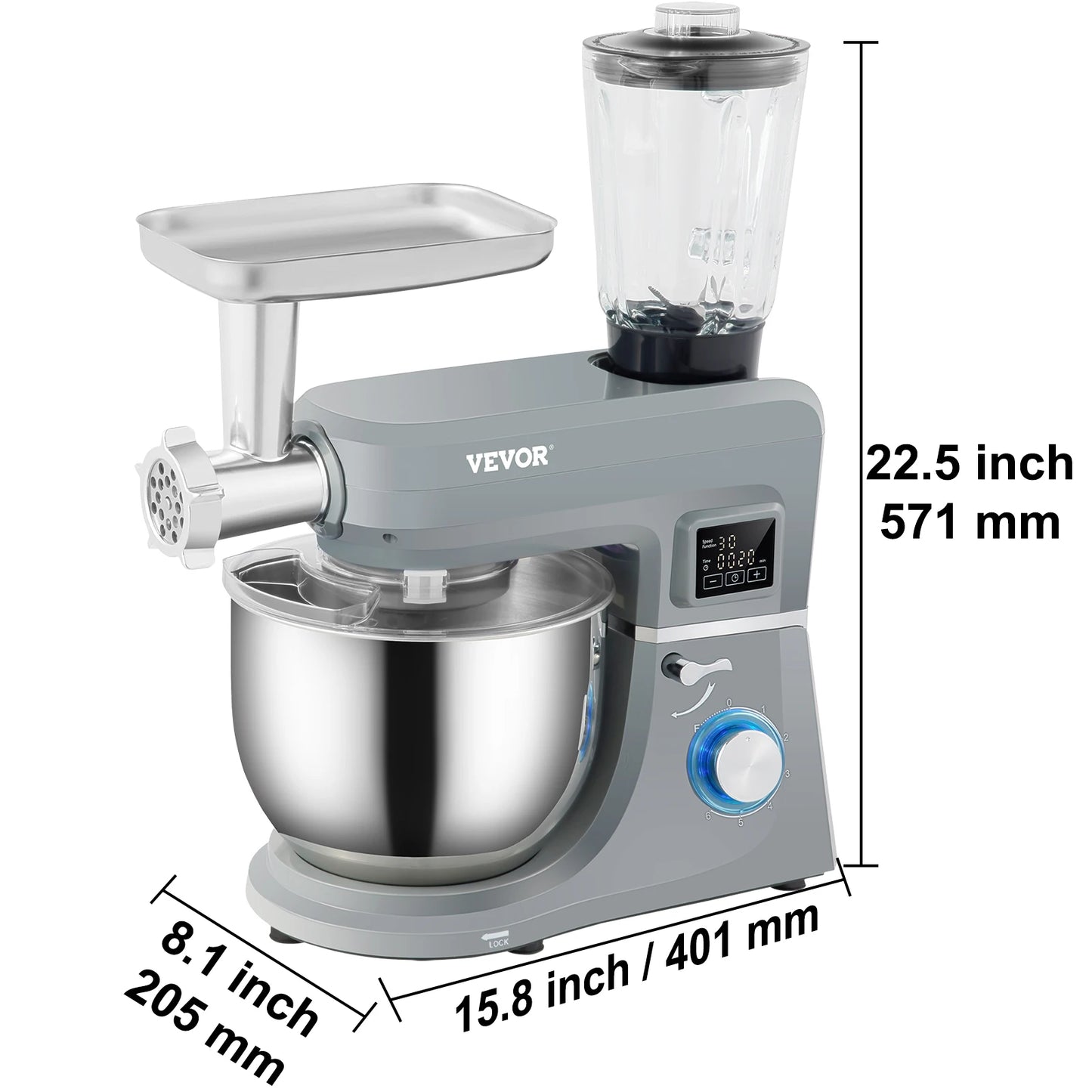 5 IN 1 Stand Mixer Multifunctional Electric Mixer with 6 Speeds LCD Screen Timing 7.4 Qt Stainless Bowl Dough Hook
