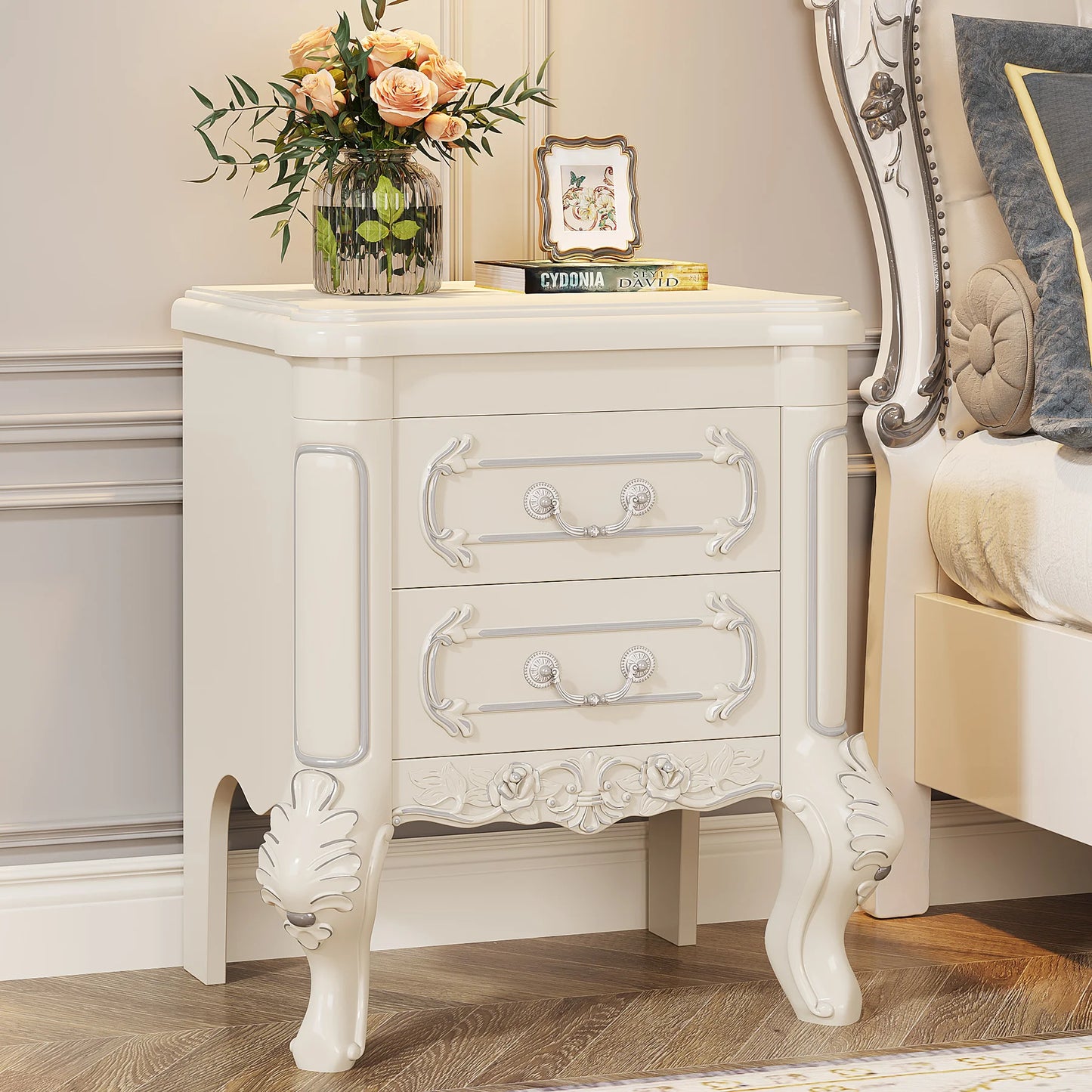 White Nightstand, End Table with 2 Drawers, Side Table