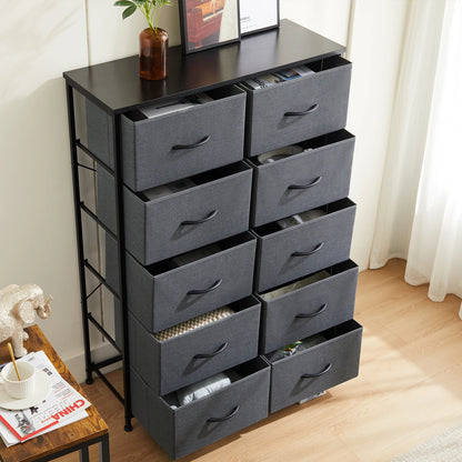 JHK 10 Fabric Drawers Nightstand Storage Cabinet With Steel Frame Clothes Storage